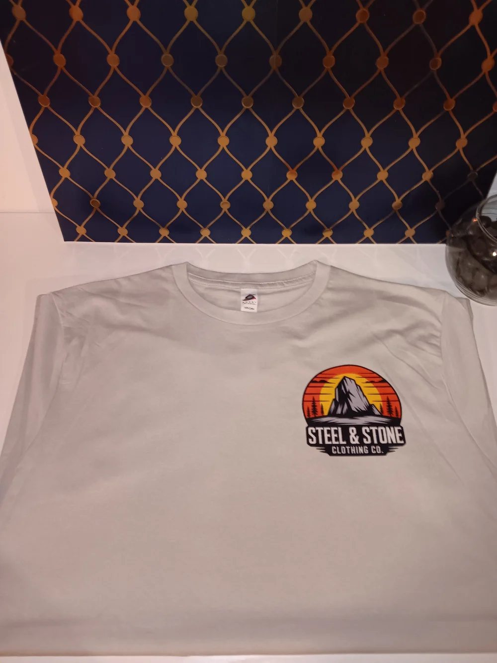 Steel & Stone Men's Short Sleeve Tee - Light Gray with Mountain Logo & Cross - Picture 1 of 2